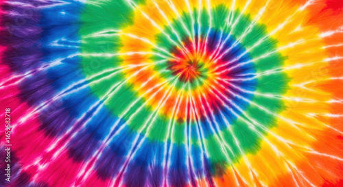 Vibrant colorful tie dye pattern with spiral design in rainbow spectrum of hues