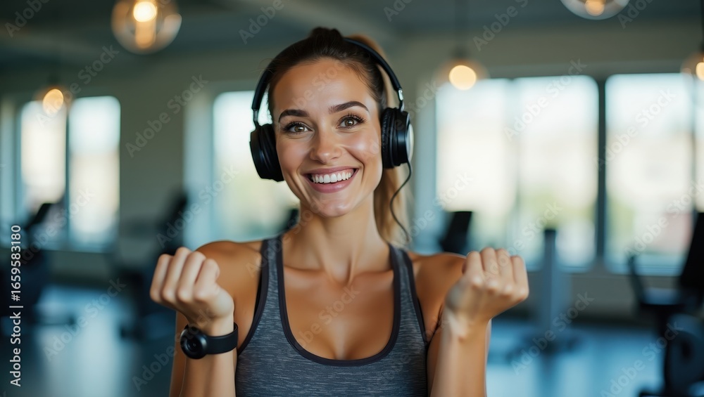 Obraz premium A joyful fitness enthusiast in a gym, wearing headphones and a gray sports top, beams with enthusiasm and energy.