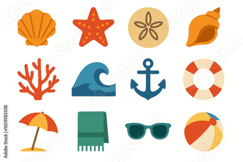 Collection of colorful beach icons including starfish, shell, anchor, and umbrella