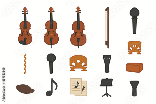 Musical instrument set: violins, bridges, bows, microphones, stands, music notes, rosin