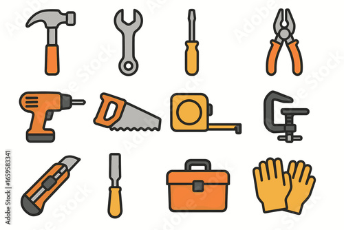 Illustrated hand tools collection: hammer, wrench, screwdriver, and more