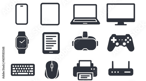 Modern technology icons: devices including smartphone, laptop, vr headset, and gaming controller