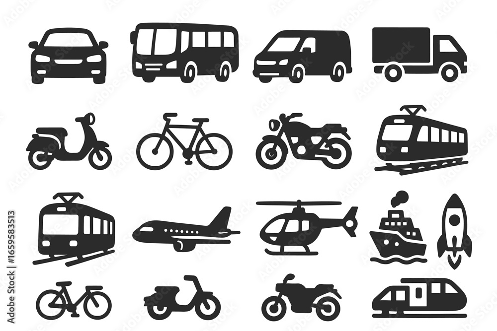 Obraz premium Variety of transportation icons: cars, bicycles, trains, aircraft, boats, rocket