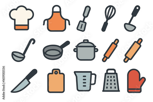 Colorful kitchen utensils with pans, knives, and cooking tools on white background