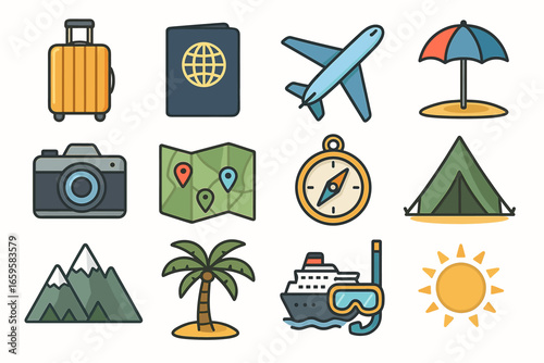 Travel and adventure icons: luggage, map, airplane, camera, tent, cruise, sun