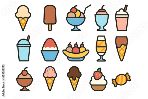 Variety of ice cream treats and desserts in colorful cartoon style