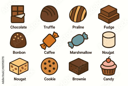 Assorted sweets and treats: chocolate, truffle, praline, fudge, bonbon, candy, nougat, cookie, brownie