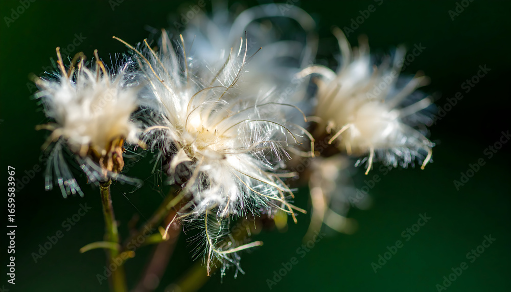 Fototapeta premium Delicate seed heads close up with fluffy white plumes on green background