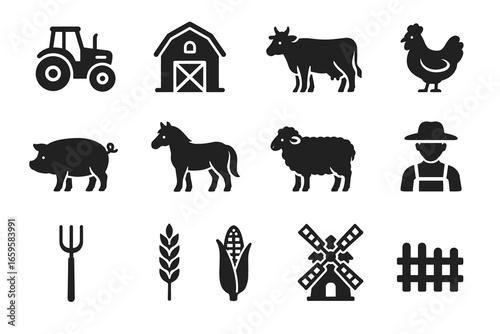 Farm icons collection: tractor, barn, livestock, crops, farmer silhouettes