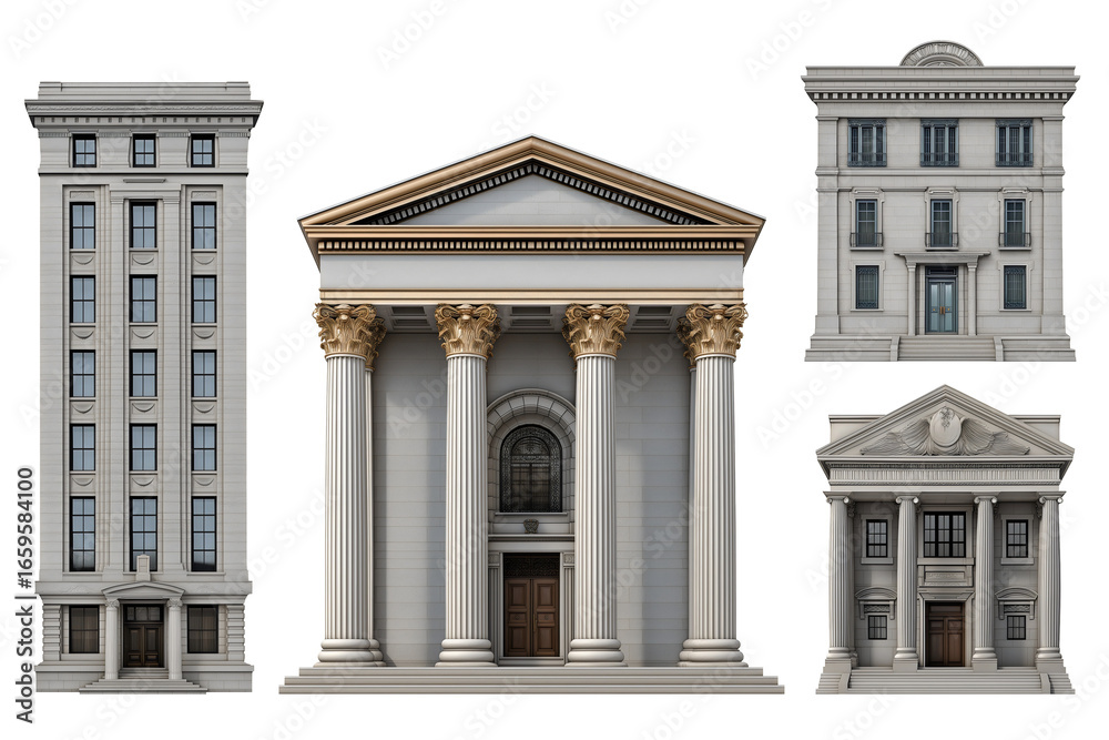 Obraz premium Set of American neoclassical, art deco institutional government buildings banks architectural illustrations isolated on transparent background.
