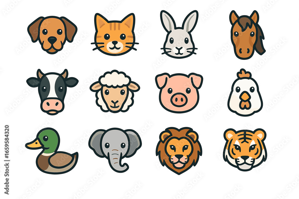 Obraz premium Cartoon animal faces collection featuring dog cat rabbit horse cow sheep pig chicken duck elephant lion tiger