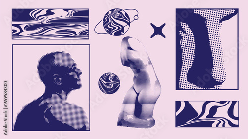 Brutalist visual collage with male portrait torso and planets, abstract textures. Concept of creativity, human identity, cosmic imagination, education, modern art and cultural reflection.