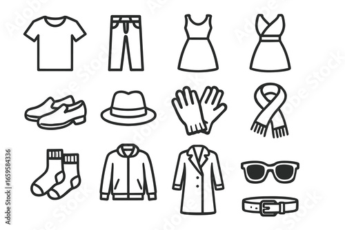 Wallpaper Mural Various clothing and accessories icons: shirts, pants, dresses, shoes, hats, and more Torontodigital.ca