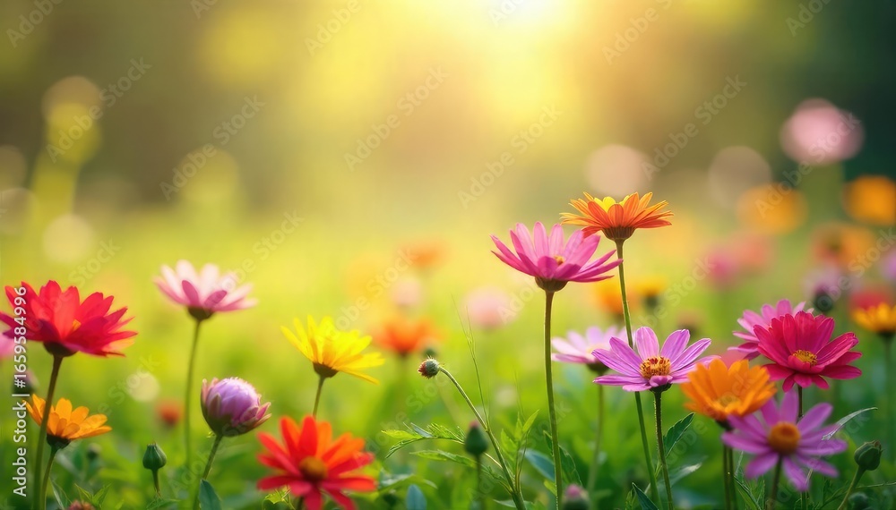 Obraz premium Vibrant wildflowers in a lush meadow bathed in sunlight, creating a beautiful natural background perfect for design projects Ideal for websites, invitations, and more , countryside, bloom