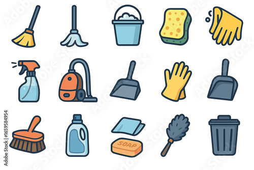 Collection of various cleaning tools and supplies in cartoon style