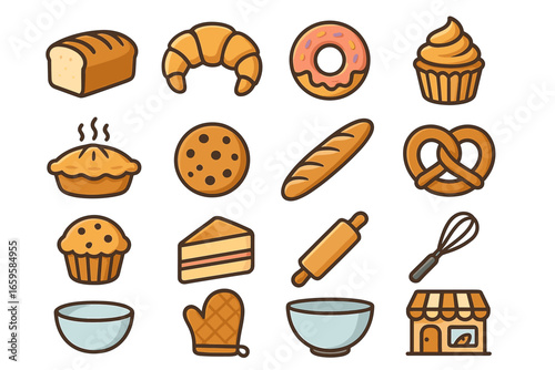 Illustrated bakery items: bread, croissant, donut, cupcake, pie, cookie, baguette, pretzel, cheesecake