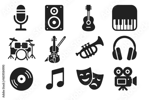 Black and white icons of musical instruments and media equipment