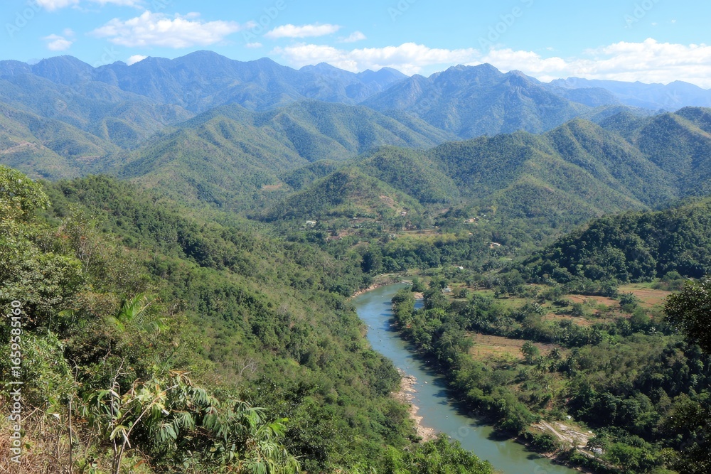 Fototapeta premium High Angle View Of River Winding Through Lush Tropical Valley