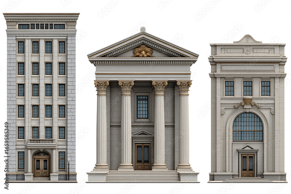 Obraz premium Collection of American neoclassical, art deco institutional government buildings banks architectural illustrations isolated on transparent background.
