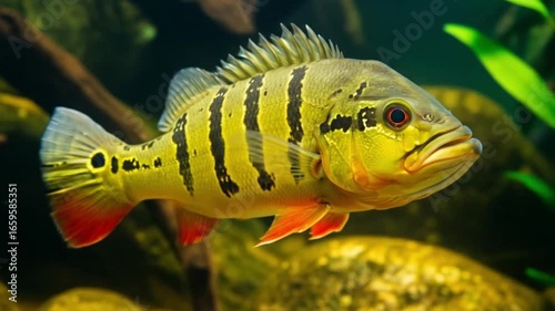 Colorful Peacock Bass Fish in Freshwater Aquarium. AI video