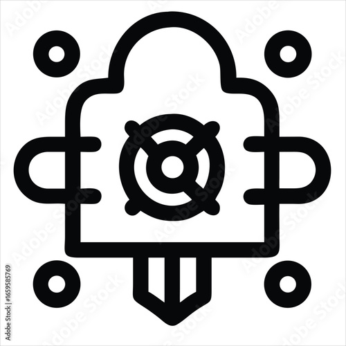 Abstract symbol for quantum computing cloud service featuring interconnected elements and circular accents line drawing, sketch, outline, sign, vector, illustration