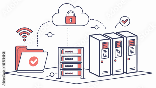 Illustration of cloud security system with servers and folders and wifi signal shown created with generated ai