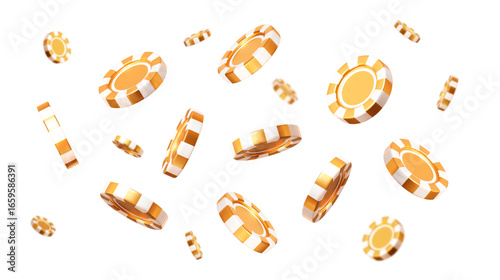 3d flying golden casino poker chips with different angles. Gold and white chips for betting and gambling games. Stock vector illustration on isolated background.	