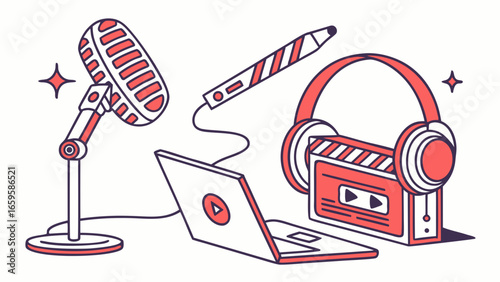 Illustration of podcasting equipment including a microphone laptop headphones and a digital drawing pen tool created with generated ai