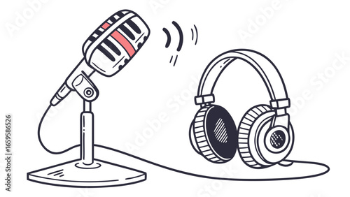 Illustration of a microphone with sound waves and headphones connected by a cable in black and white created with generated ai