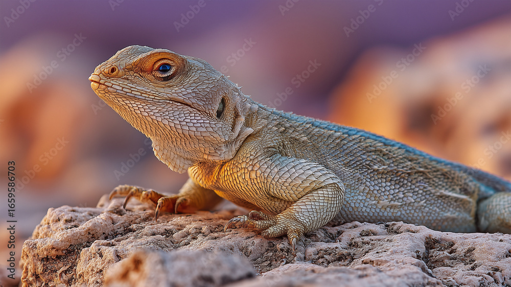 Obraz premium 夕暮れの岩場で日向ぼっこする静かなトカゲの姿