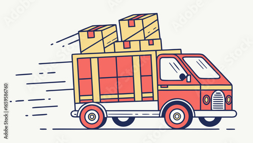 Illustration of a delivery truck with boxes speeding along a road with motion lines indicating speed created with generated ai