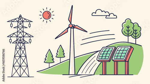 Illustration showcasing sustainable energy sources including wind solar and transmission line created with generated ai