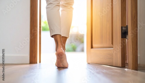 Barefoot Woman Walking Through an Open Door into Warm Golden Sunlight.