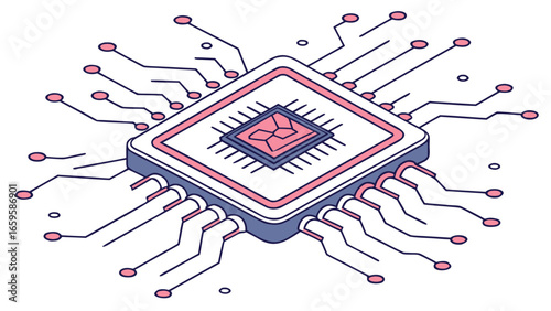 Isometric illustration of a computer processor with pink accents and multiple connections visible created with generated ai