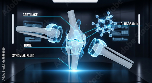Human Knee Joint Anatomy and Glucosamine Molecule in Digital Medical Display