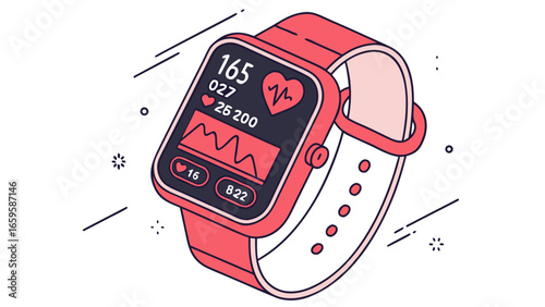Isometric illustration of a pink smartwatch displaying health metrics and data on a dark screen created with generated ai