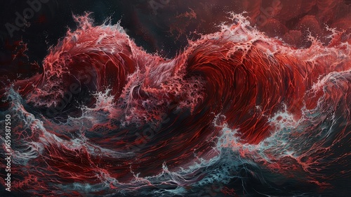 Fototapeta Naklejka Na Ścianę i Meble -  A dramatic red ocean wave crashing with power and energy in the sea