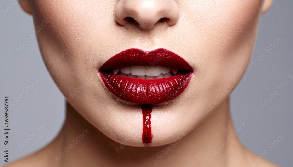 Fototapeta premium Macabre Beauty: Flawless Red Lips with a Single Striking Crimson Drip.