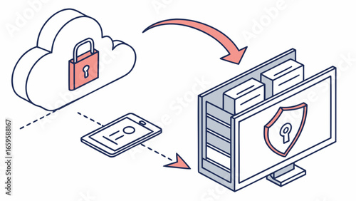 Cloud data security with lock and shield protection from phone to server infrastructure diagram flow chart created with generated ai
