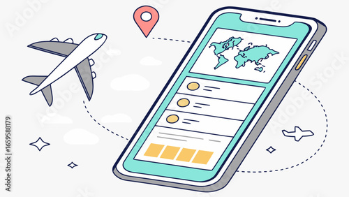 Illustration of a mobile phone displaying a travel app with airplanes and a location pin icon around it created with generated ai