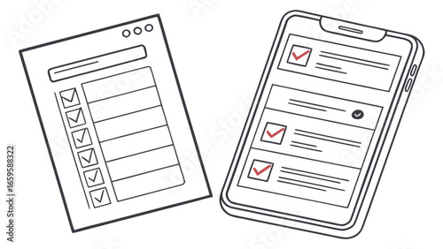Illustration of a paper checklist and a smartphone displaying a digital checklist app interface created with generated ai