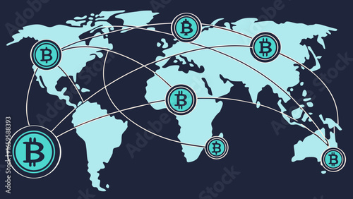 Bitcoin network connecting global locations on a world map with lines and bitcoin symbols shown created with generated ai