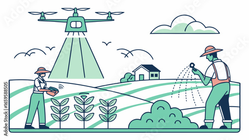 Illustration of farmers using drone technology for crop spraying in a rural landscape with a house and clouds created with generated ai