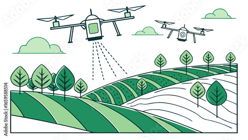 Two drones flying over a green agricultural field with trees and clouds in the sky illustration created with generated ai