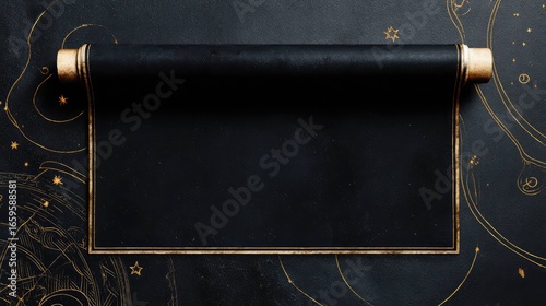 A black scroll with golden edges lies on a dark surface adorned with celestial patterns. The scene evokes a sense of mystery and ancient knowledge.