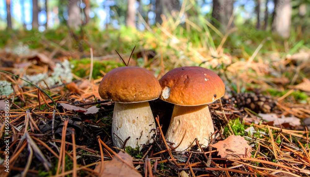 Edible boletus mushrooms on forest floor amid pine needles close up Edible boletus mushrooms on forest floor amid pine needles close up