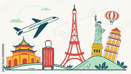 World travel destinations featuring airplane, eiffel tower, and leaning tower of pisa illustration created with generated ai