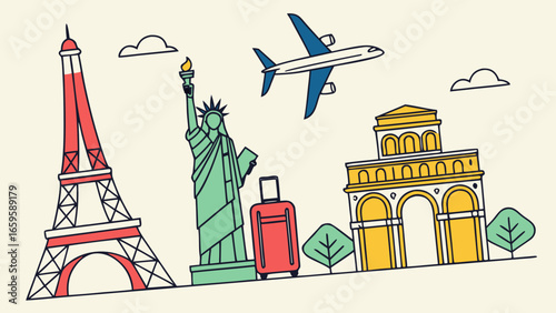World travel landmarks featuring eiffel tower statue of liberty and arc de triomphe with airplane created with generated ai