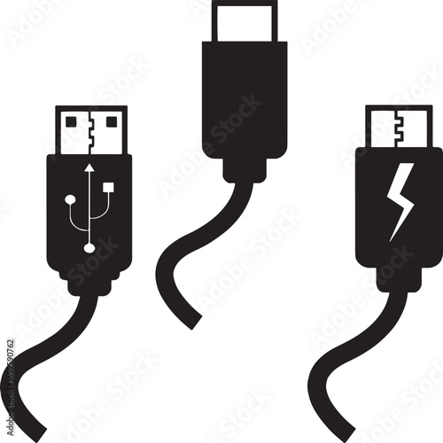 USB, Micro USB, and USB-C Cable black silhouette icon set.