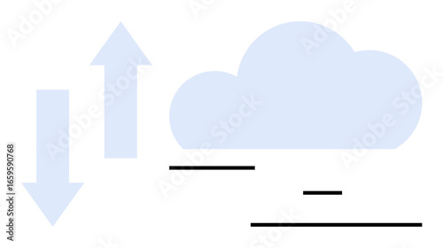 Blue cloud and bidirectional arrows symbolize data upload and download alongside minimalistic black lines. Ideal for technology, communication, data exchange, cloud storage, networking, SaaS, simple